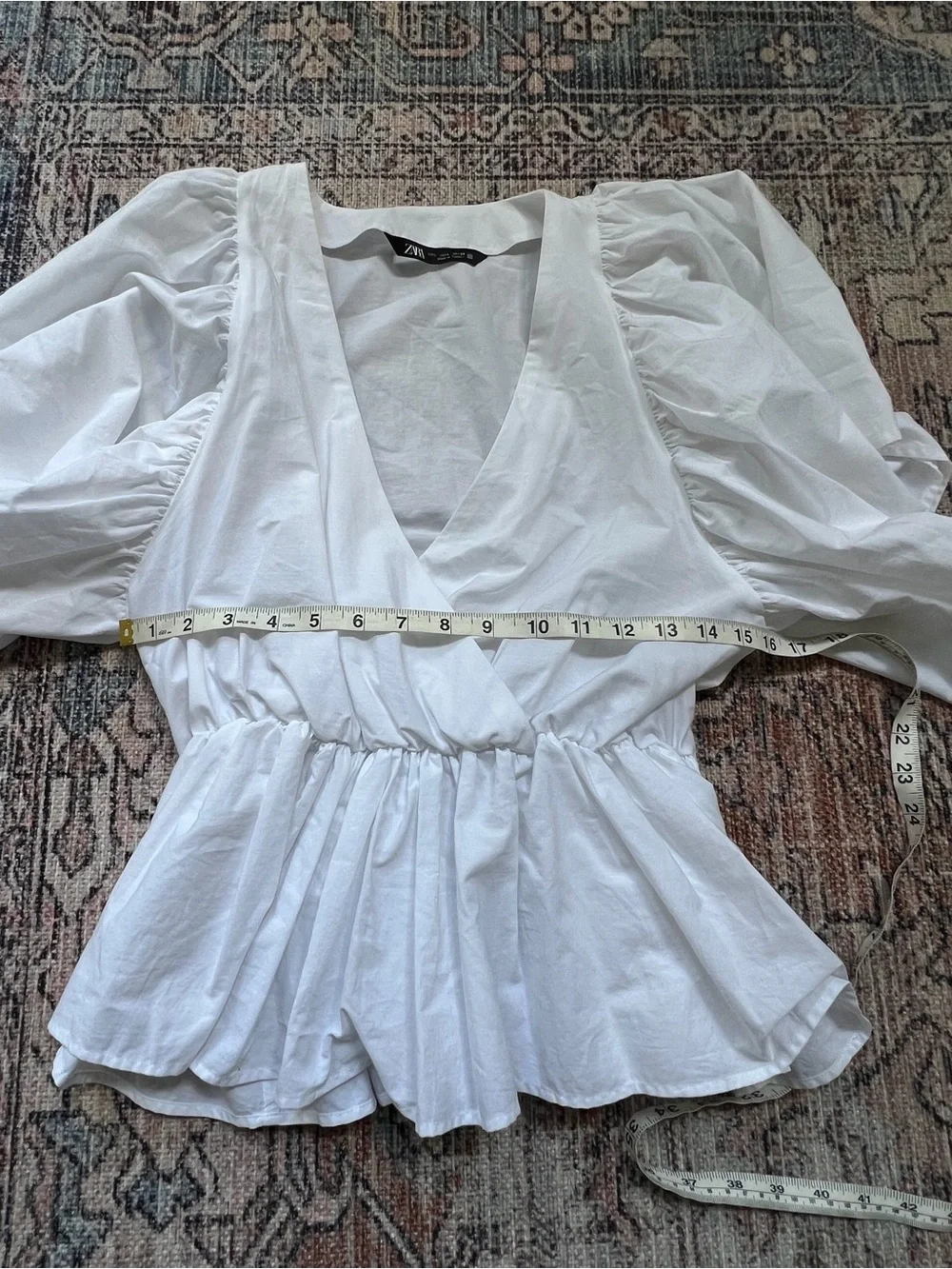 Zara White V-Neck Peplum Puff-Sleeve Blouse 100% Cotton Size Large